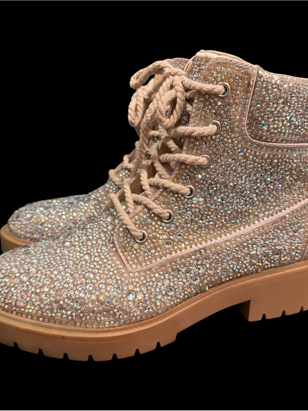 Betsey Johnson Rhinestone Glitter Lace-Up Ankle Combat Boots Lug Sole US 8.5